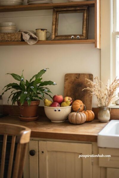 DIY googly eye Halloween decor for playful houseplants frames and kitchen accents