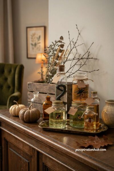 DIY mad scientist jars with green amber water and creepy Halloween decorations