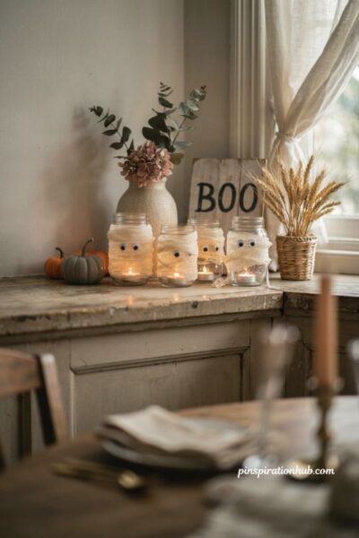 DIY mummy mason jar luminaries with gauze wraps and cozy Halloween glow