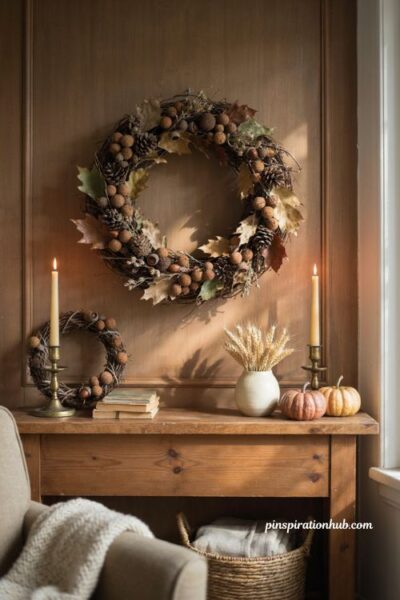 DIY natural fall wreath with pinecones acorns and gathered foliage