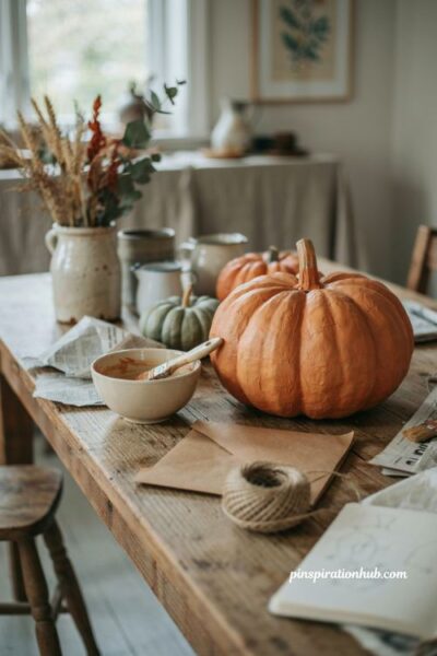 DIY paper mache pumpkin craft with rustic Halloween decor and cozy autumn details