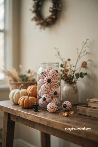 DIY ping pong eyeballs in a glass jar for creepy Halloween centerpiece decor