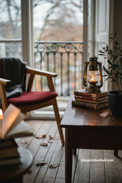 Dark academia fall balcony corner with antique lantern, old books, deep burgundy accents, dark wood furniture, vintage textures, and moody autumn decor