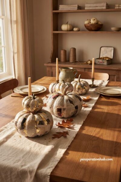 Decoupage pumpkin table decor with gold confetti and vintage paper