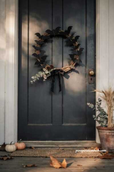 Diy black bat wreath halloween door decoration with grapevine base