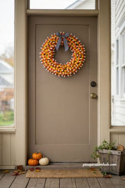 Diy candy corn wreath halloween door decoration with yellow orange and white