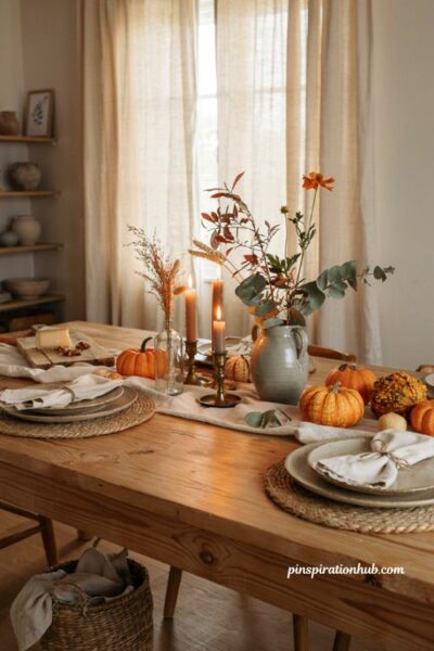 Diy fall centerpieces for table with pumpkins candles and rustic autumn decor