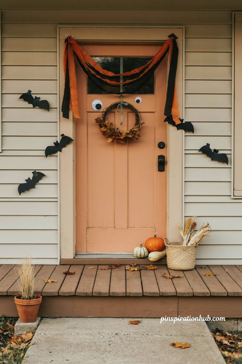 Diy halloween door decorations with googly eyes crepe paper and pumpkins