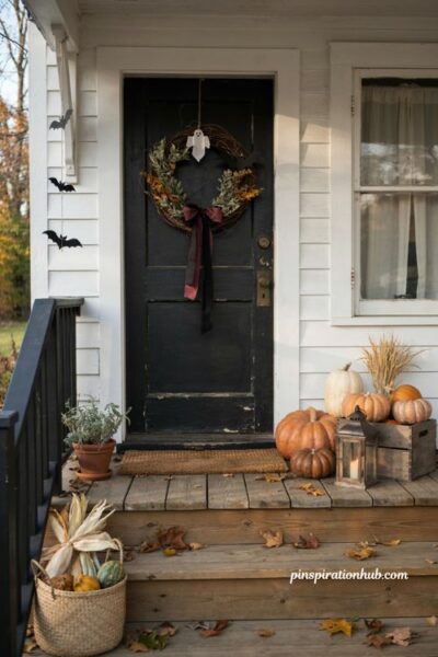 Diy halloween door decorations with pumpkins and a handmade wreath