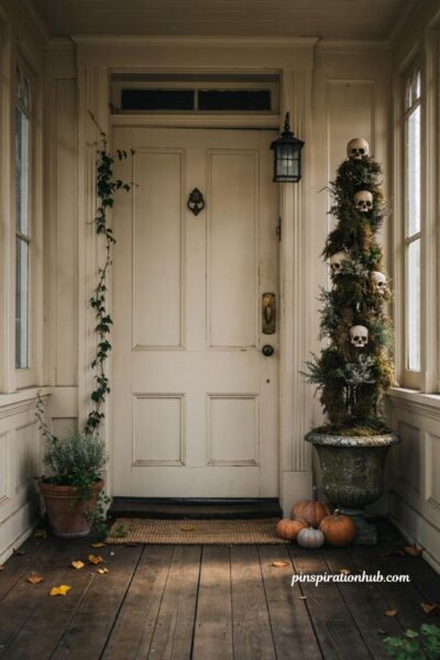Diy skull topiary halloween door decoration with faux moss and urn planter