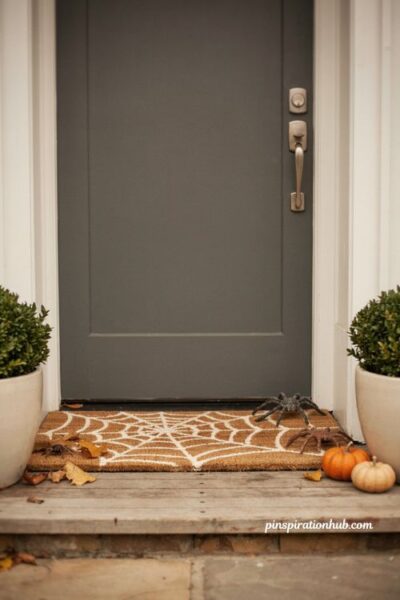 Diy spiderweb doormat halloween decoration with small plastic spiders