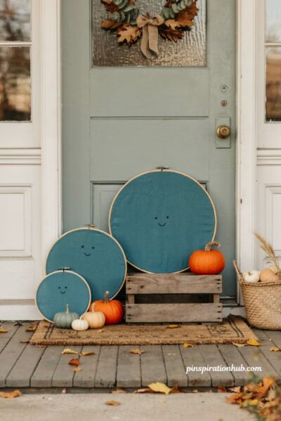 Diy teal pumpkin halloween door decoration with handmade fabric pumpkins