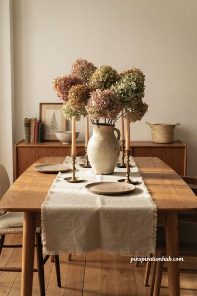 Dried hydrangea fall decor for a cozy dining room centerpiece
