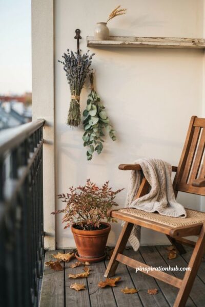 Dried lavender bundles hanging on a fall balcony wall, rustic autumn decor with eucalyptus, natural twine, aged wall hook, teak chair, and soft botanical textures