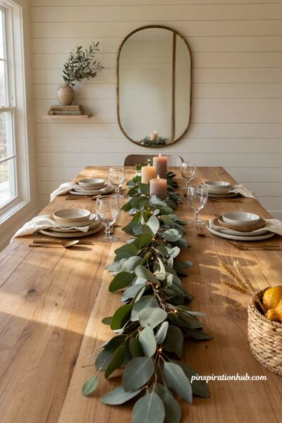 Eucalyptus leaf garland with lights fall dining table decor ideas