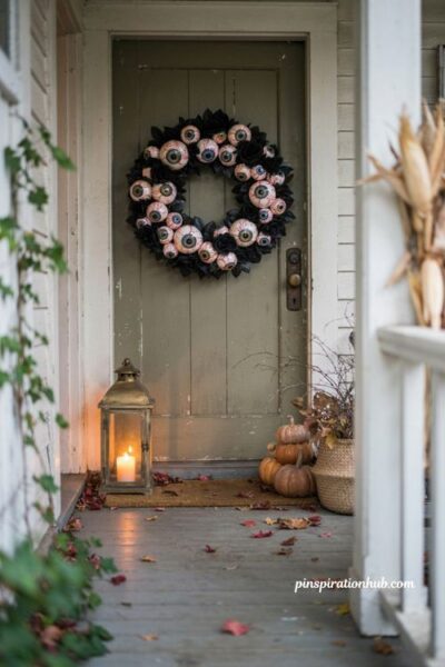 Eyeball wreath with black flowers for spooky diy Halloween door decor