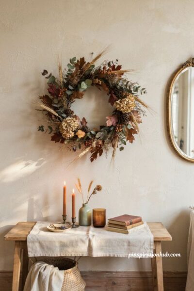 Fall apartment aesthetic with a festive dried botanical wreath, eucalyptus, autumn foliage, warm wood, and cozy entryway decor