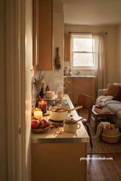 Fall apartment aesthetic with cinnamon, orange, vanilla, candles, simmering spices, and cozy autumn kitchen decor