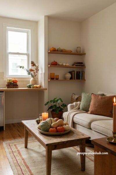 Fall apartment aesthetic with colorful gourds, mini pumpkins, autumn squash, cozy textures, and natural seasonal decor