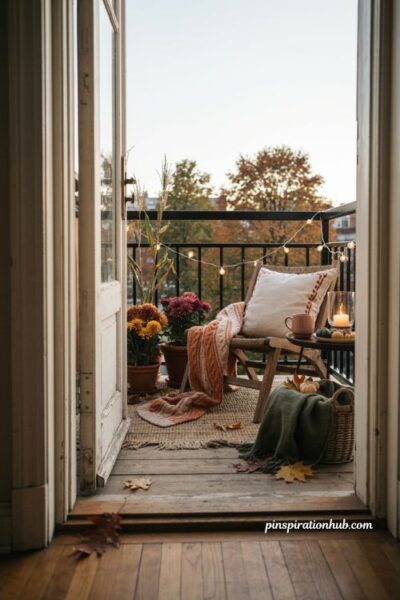Fall apartment aesthetic with cozy balcony retreat, warm string lights, potted mums, chunky blanket, candle, and autumn decor