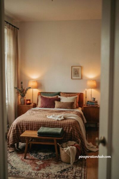 Fall apartment aesthetic with cozy bedroom retreat, plaid bedding, chunky blankets, dried florals, and warm bedside lighting