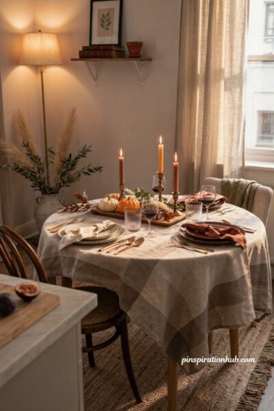 Fall apartment aesthetic with cozy dining table, plaid linens, mini pumpkins, dried botanicals, candles, and brass accents