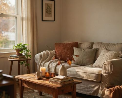 Fall apartment aesthetic with cozy earthy tones, chunky blankets, candles, vintage textures, and warm September sunlight