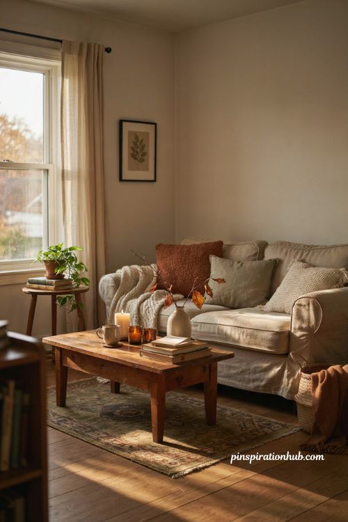Fall apartment aesthetic with cozy earthy tones, chunky blankets, candles, vintage textures, and warm September sunlight