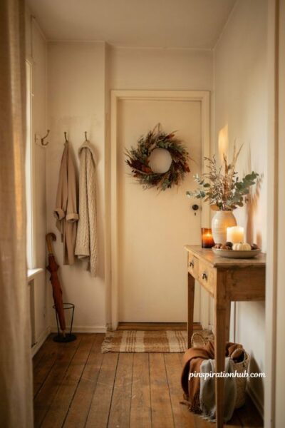Fall apartment aesthetic with cozy entryway, dried branches, autumn wreath, mini pumpkins, candle, and warm natural textures