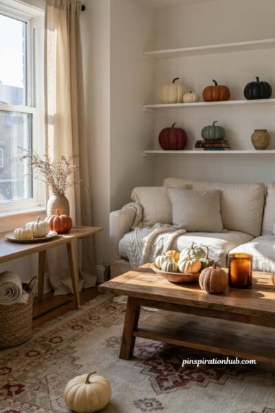 Fall apartment aesthetic with cream, terracotta, sage, burgundy, and orange pumpkins in cozy seasonal decor