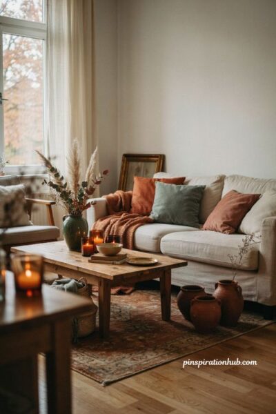 Fall apartment aesthetic with earthy tones, burnt orange, forest green, terracotta, dusty plum, and cozy neutral decor