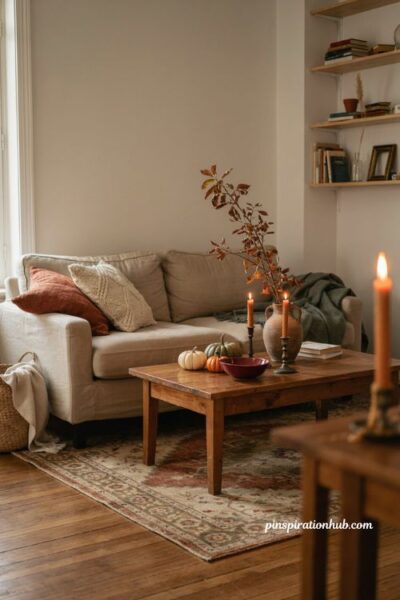 Fall apartment aesthetic with warm harvest colors, pumpkins, rustic wood, cozy textures, and intentional seasonal decor