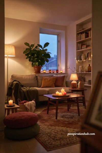 Fall apartment aesthetic with warm lamps, candles, string lights, cozy textures, and a soft amber evening glow