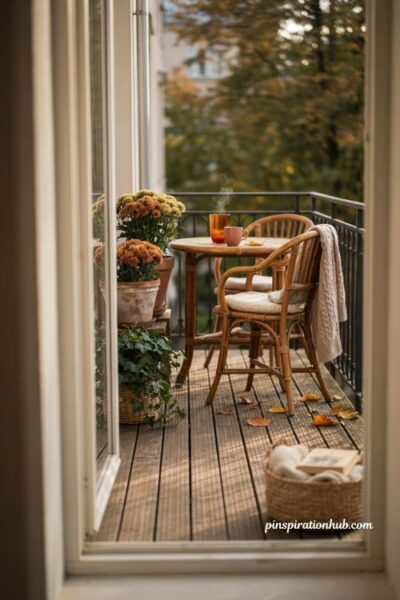 Fall balcony decor with a small teak bistro set, cozy autumn balcony with weathered wooden chairs, round table, warm neutral cushions, terracotta planters, and soft seasonal greenery