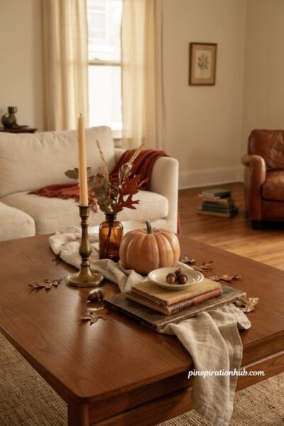 Fall coffee table decor using the rule of three with candles pumpkins and books