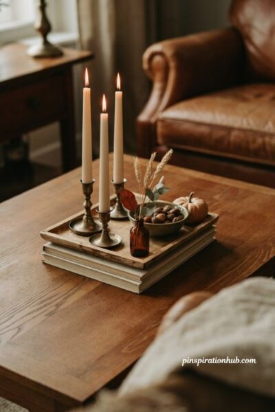 Fall coffee table decor with antique brass taper candle holders and cozy books