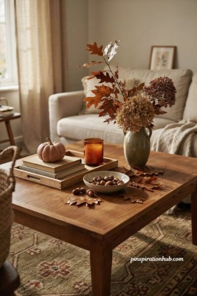 Fall coffee table decor with autumn foliage arrangement ceramic vase and cozy accents