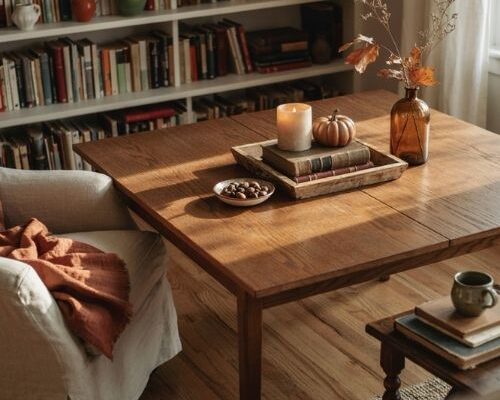 Fall coffee table decor with cozy tray candle and vintage autumn accents
