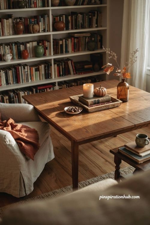 Fall coffee table decor with cozy tray candle and vintage autumn accents
