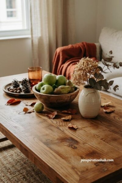 Fall coffee table decor with natural acorns pinecones apples pears and dried foliage