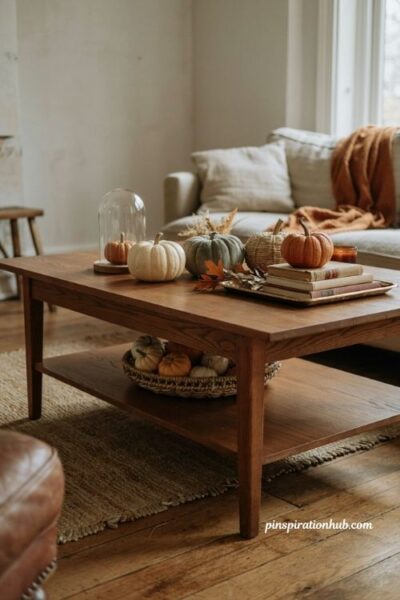 Fall coffee table decor with real faux ceramic velvet pumpkins and glass cloche