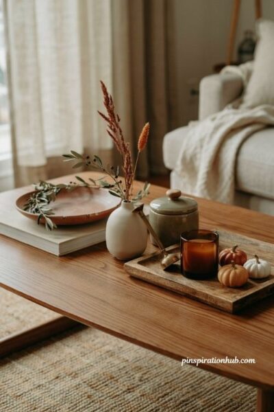 Fall coffee table decor with round bowls ceramic vase garland and cozy books