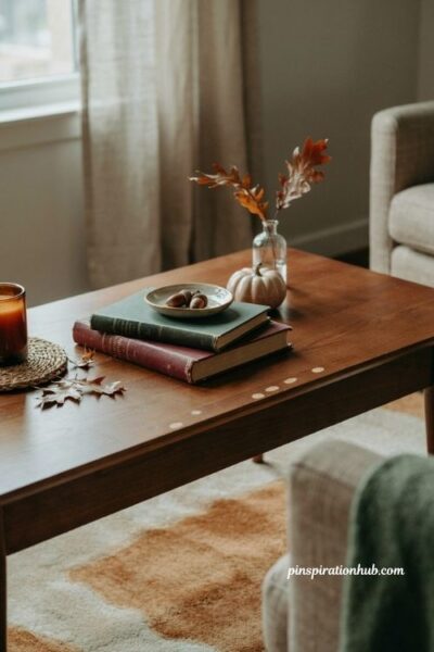 Fall coffee table decor with stacked brown burgundy and green books and pumpkin