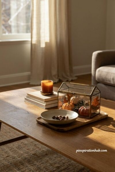 Fall coffee table decor with unique glass display box mini pumpkins and pinecones