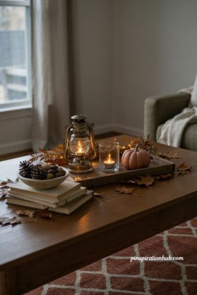 Fall coffee table decor with warm lantern votive candles and soft evening lighting
