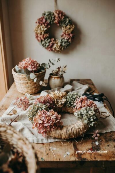 Fall crafts for adults with a dried hydrangea wreath in soft autumn colors