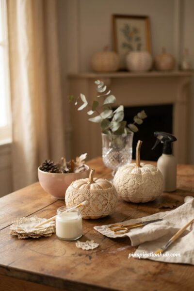 Fall crafts for adults with a lace wrapped pumpkin and vintage doily
