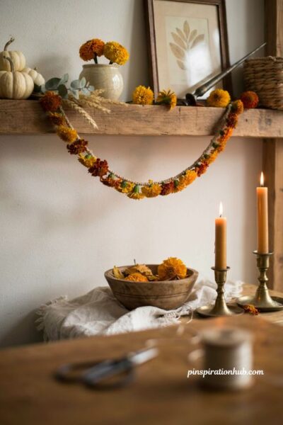 Fall crafts for adults with a marigold flower cord garland for autumn decor