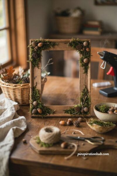 Fall crafts for adults with a moss acorn and pinecone woodland frame