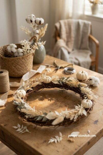 Fall crafts for adults with a neutral grapevine wreath and white pumpkins